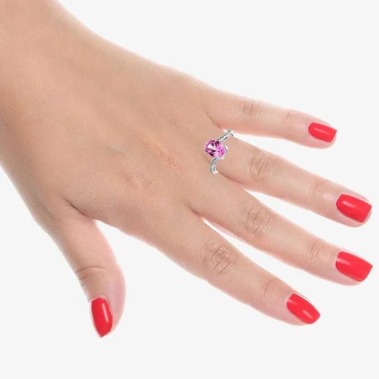Diamond Accent and Gemstone Sterling Silver Oval Side Stone Cocktail Ring