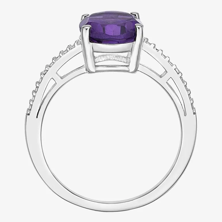 Diamond Accent and Gemstone Sterling Silver Oval Side Stone Cocktail Ring