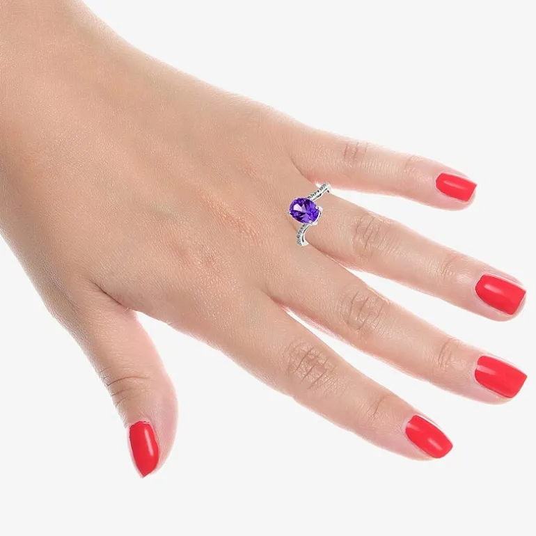Diamond Accent and Gemstone Sterling Silver Oval Side Stone Cocktail Ring