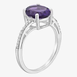 Diamond Accent and Gemstone Sterling Silver Oval Side Stone Cocktail Ring