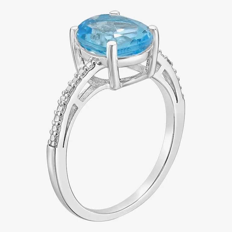 Diamond Accent and Gemstone Sterling Silver Oval Side Stone Cocktail Ring