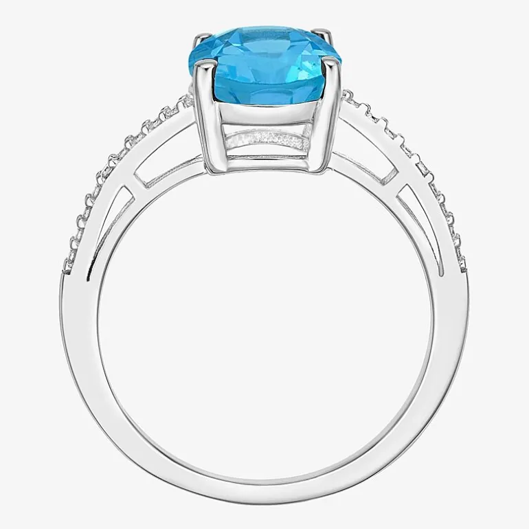 Diamond Accent and Gemstone Sterling Silver Oval Side Stone Cocktail Ring