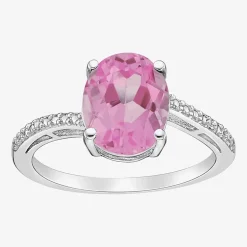 Diamond Accent and Gemstone Sterling Silver Oval Side Stone Cocktail Ring