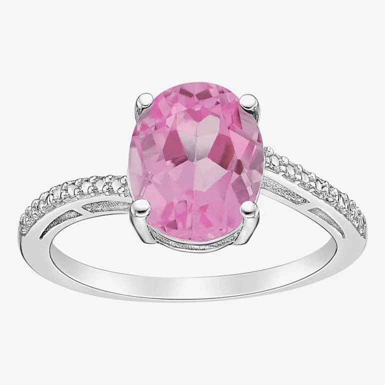 Diamond Accent and Gemstone Sterling Silver Oval Side Stone Cocktail Ring