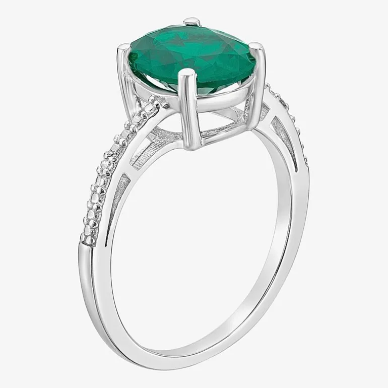 Diamond Accent and Gemstone Sterling Silver Oval Side Stone Cocktail Ring