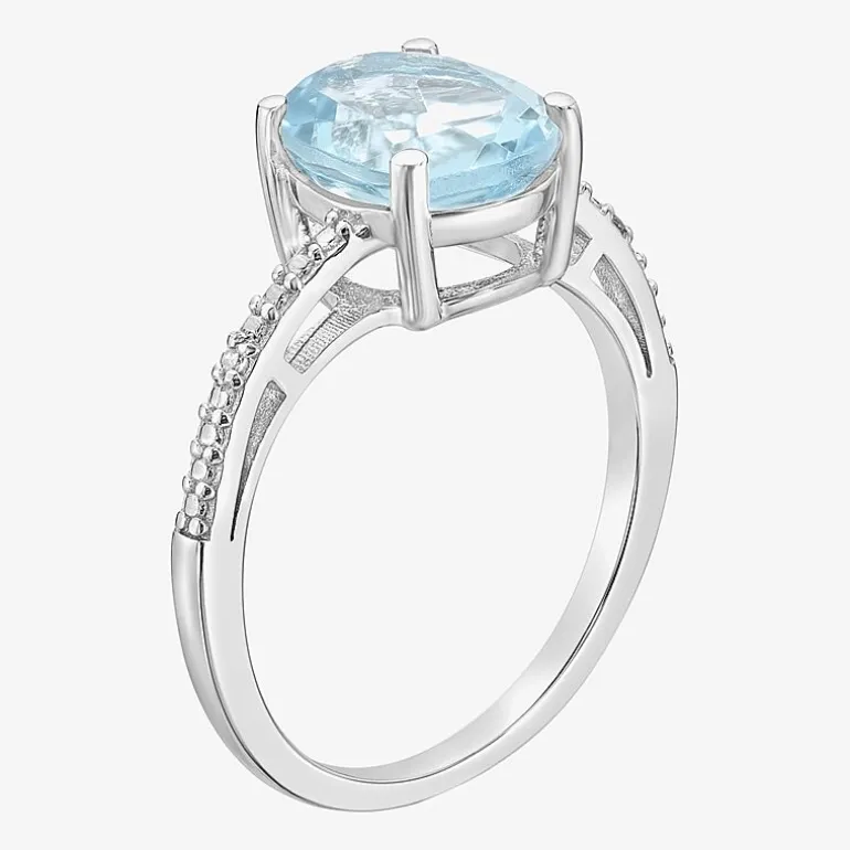 Diamond Accent and Gemstone Sterling Silver Oval Side Stone Cocktail Ring