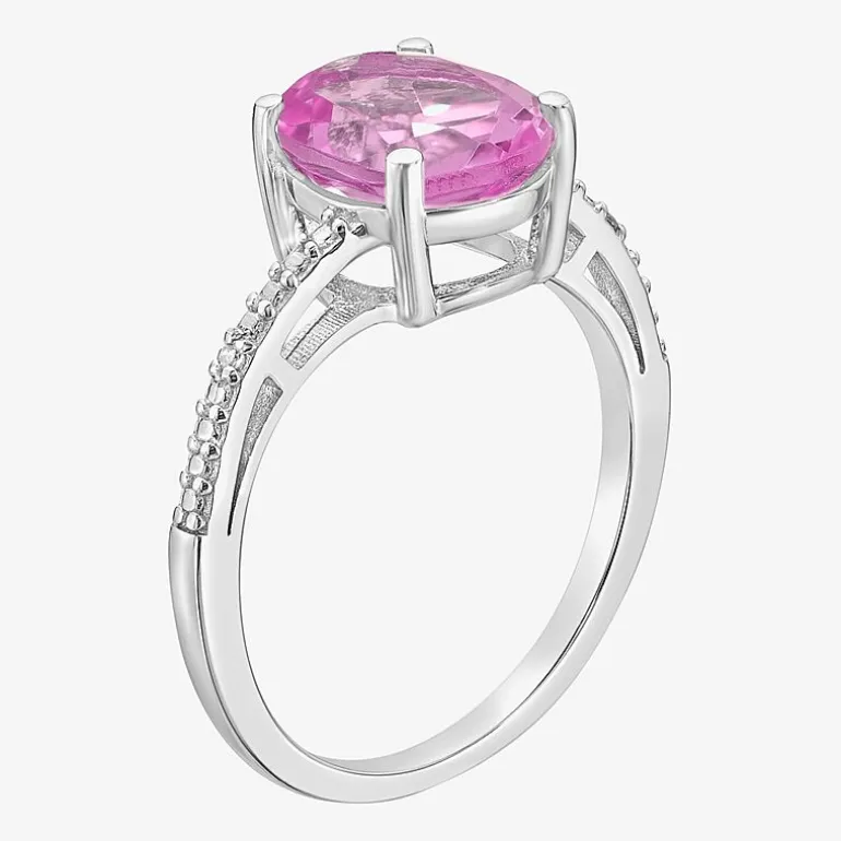 Diamond Accent and Gemstone Sterling Silver Oval Side Stone Cocktail Ring