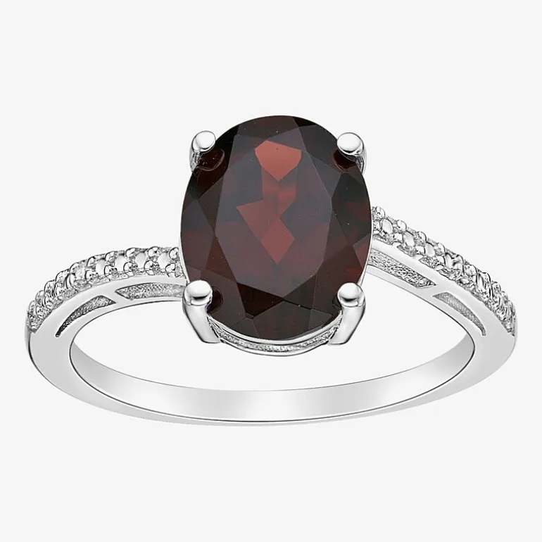 Diamond Accent and Gemstone Sterling Silver Oval Side Stone Cocktail Ring