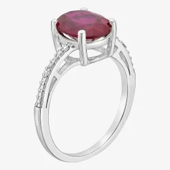 Diamond Accent and Gemstone Sterling Silver Oval Side Stone Cocktail Ring