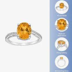 Diamond Accent and Gemstone Sterling Silver Oval Side Stone Cocktail Ring
