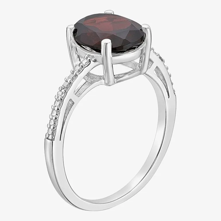 Diamond Accent and Gemstone Sterling Silver Oval Side Stone Cocktail Ring