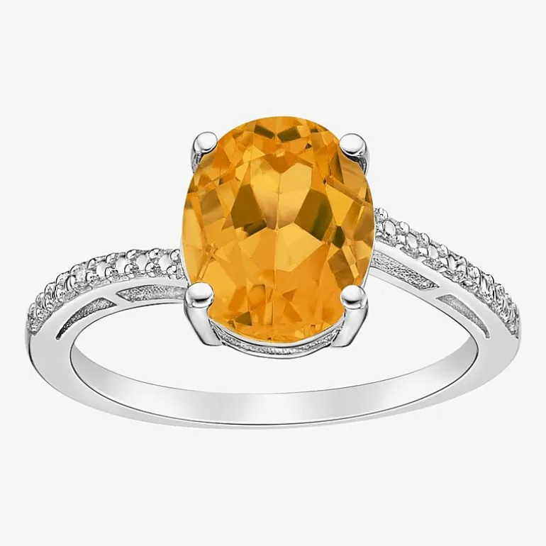 Diamond Accent and Gemstone Sterling Silver Oval Side Stone Cocktail Ring