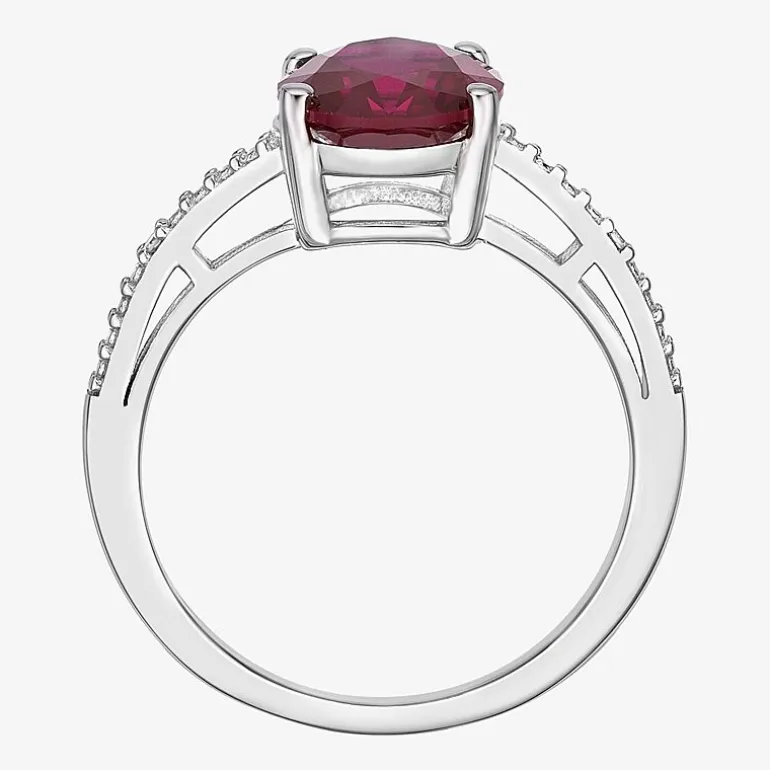 Diamond Accent and Gemstone Sterling Silver Oval Side Stone Cocktail Ring
