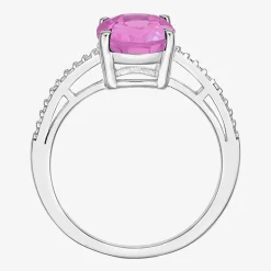 Diamond Accent and Gemstone Sterling Silver Oval Side Stone Cocktail Ring