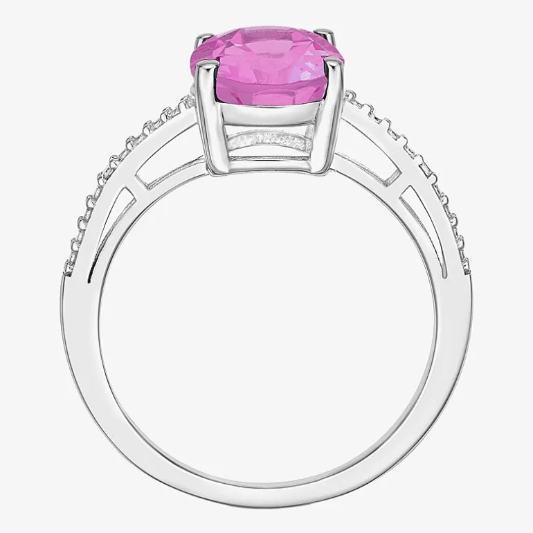 Diamond Accent and Gemstone Sterling Silver Oval Side Stone Cocktail Ring