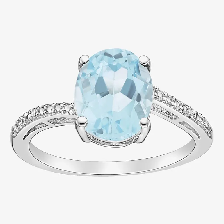 Diamond Accent and Gemstone Sterling Silver Oval Side Stone Cocktail Ring