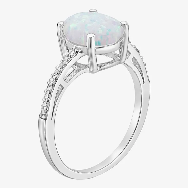 Diamond Accent and Gemstone Sterling Silver Oval Side Stone Cocktail Ring