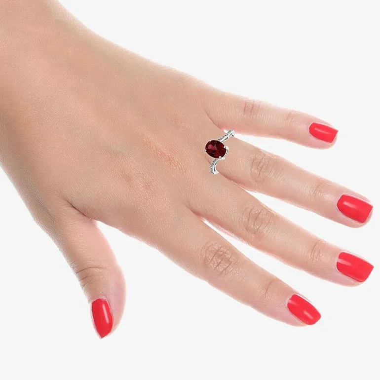 Diamond Accent and Gemstone Sterling Silver Oval Side Stone Cocktail Ring