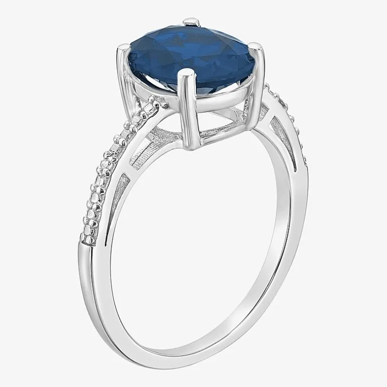 Diamond Accent and Gemstone Sterling Silver Oval Side Stone Cocktail Ring