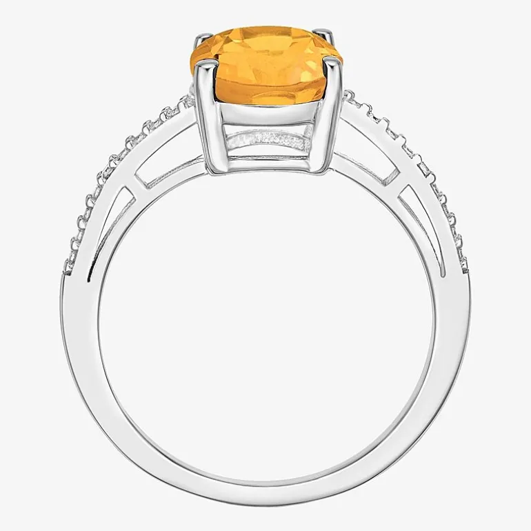 Diamond Accent and Gemstone Sterling Silver Oval Side Stone Cocktail Ring