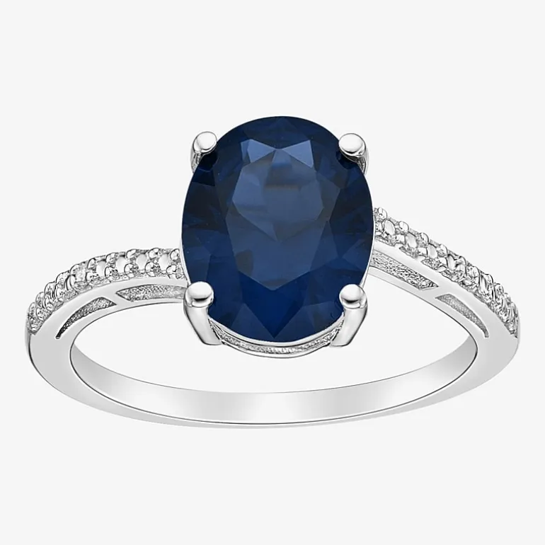 Diamond Accent and Gemstone Sterling Silver Oval Side Stone Cocktail Ring