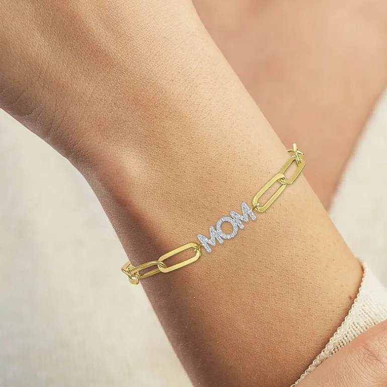 Diamond Addiction "Mom" (G-H / I1-I2) Womens 14K Gold Over Silver Sterling Silver 8 Inch Paperclip Chain Bracelet