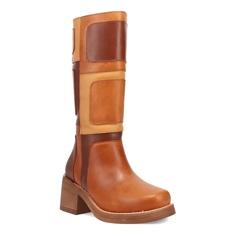 Dingo Womens Patches Leather Boot Stacked Heel Cowboy Boots