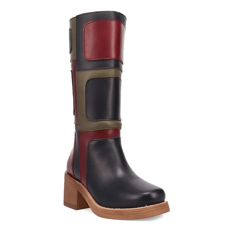 Dingo Womens Patches Leather Boot Stacked Heel Cowboy Boots