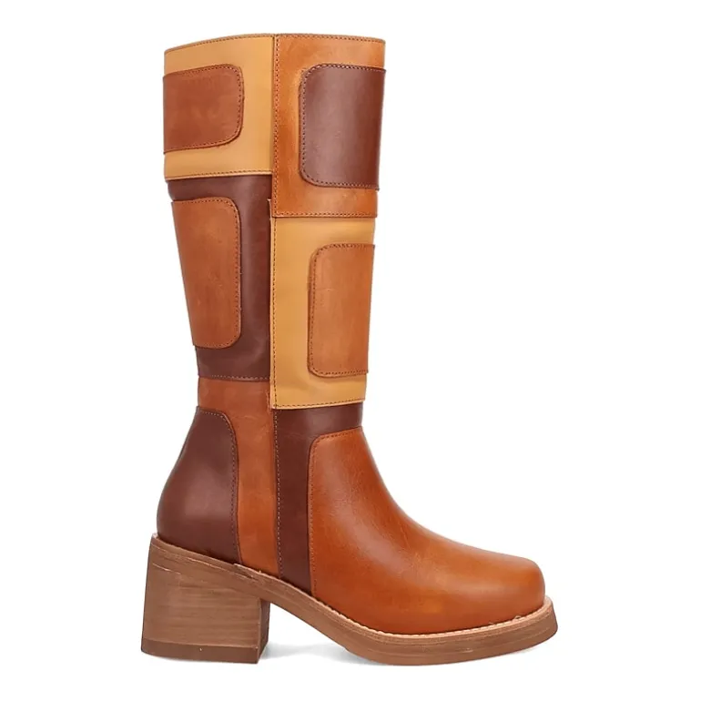 Dingo Womens Patches Leather Boot Stacked Heel Cowboy Boots