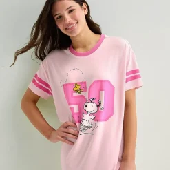 Disney Mjc With Sock Womens Short Sleeve Round Neck Peanuts Snoopy Nightgown