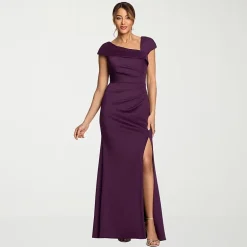 DJ Jaz Womens Asymmetrical Neck Short Sleeve Evening Gown