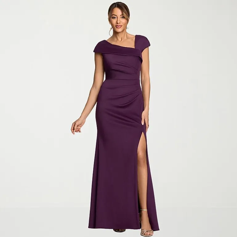 DJ Jaz Womens Asymmetrical Neck Short Sleeve Evening Gown