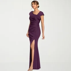 DJ Jaz Womens Asymmetrical Neck Short Sleeve Evening Gown