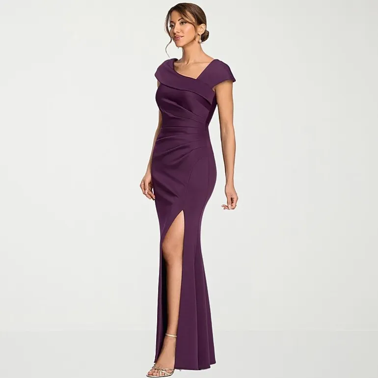 DJ Jaz Womens Asymmetrical Neck Short Sleeve Evening Gown