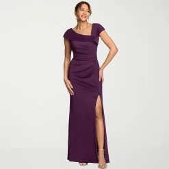 DJ Jaz Womens Asymmetrical Neck Short Sleeve Evening Gown