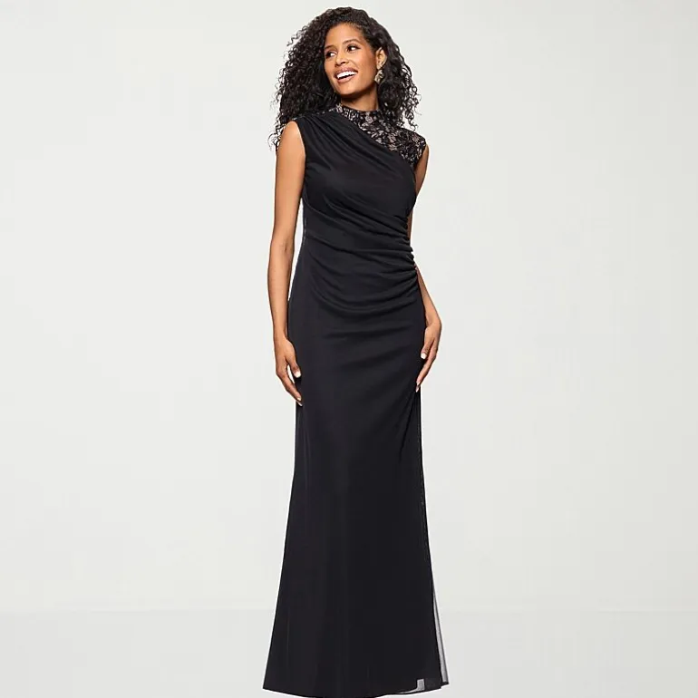 DJ Jaz Womens Mock Neck Sleeveless Lace Evening Gown