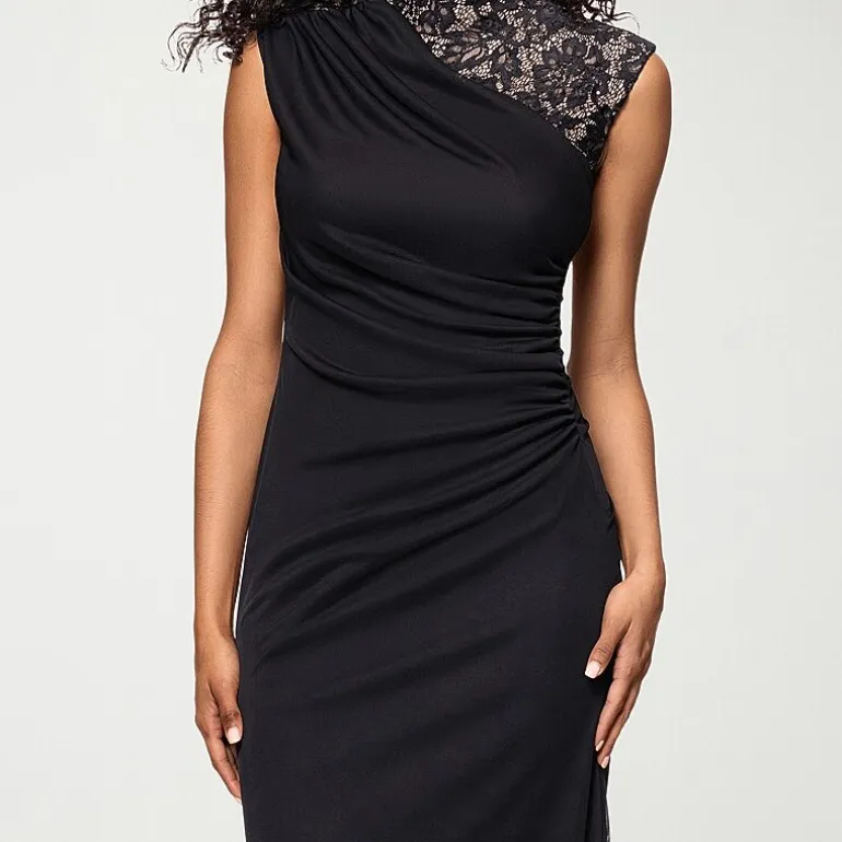 DJ Jaz Womens Mock Neck Sleeveless Lace Evening Gown