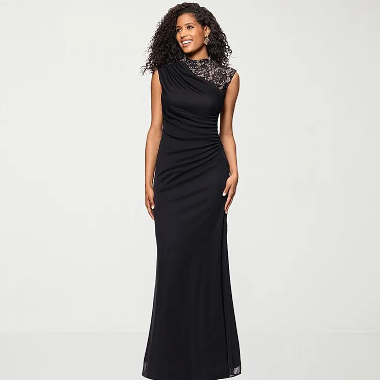 DJ Jaz Womens Mock Neck Sleeveless Lace Evening Gown