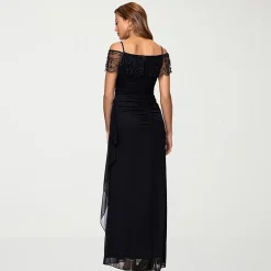 DJ Jaz Womens Straight Neck Short Sleeve Off the Shoulder Beaded Fitted Gown