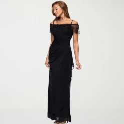 DJ Jaz Womens Straight Neck Short Sleeve Off the Shoulder Beaded Fitted Gown