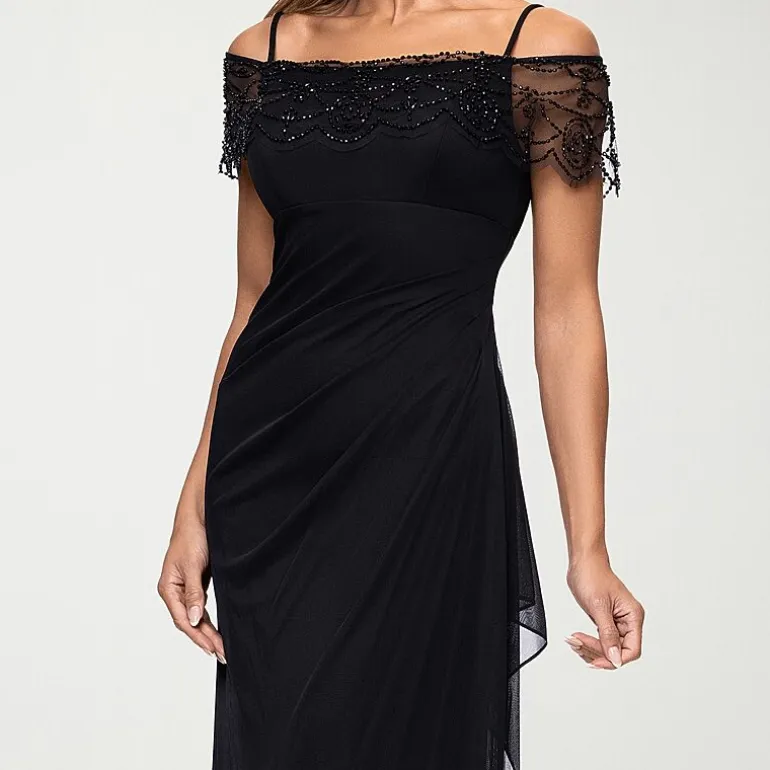 DJ Jaz Womens Straight Neck Short Sleeve Off the Shoulder Beaded Fitted Gown