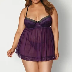 Dreamgirl Plus Stretch Mesh and Lace Babydoll with G-String - 11020X