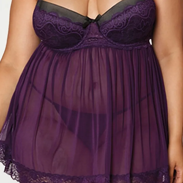 Dreamgirl Plus Stretch Mesh and Lace Babydoll with G-String - 11020X