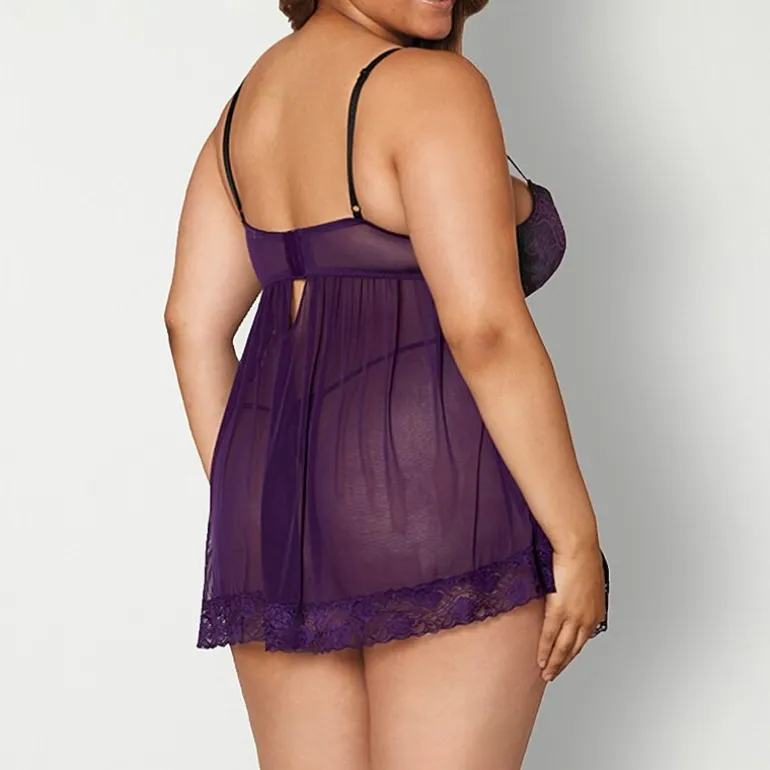 Dreamgirl Plus Stretch Mesh and Lace Babydoll with G-String - 11020X
