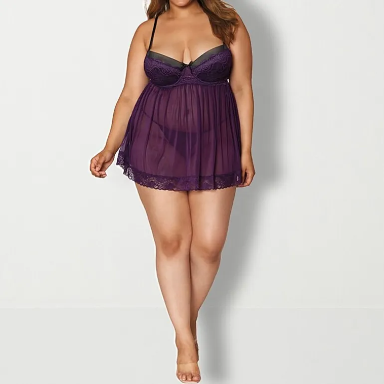 Dreamgirl Plus Stretch Mesh and Lace Babydoll with G-String - 11020X