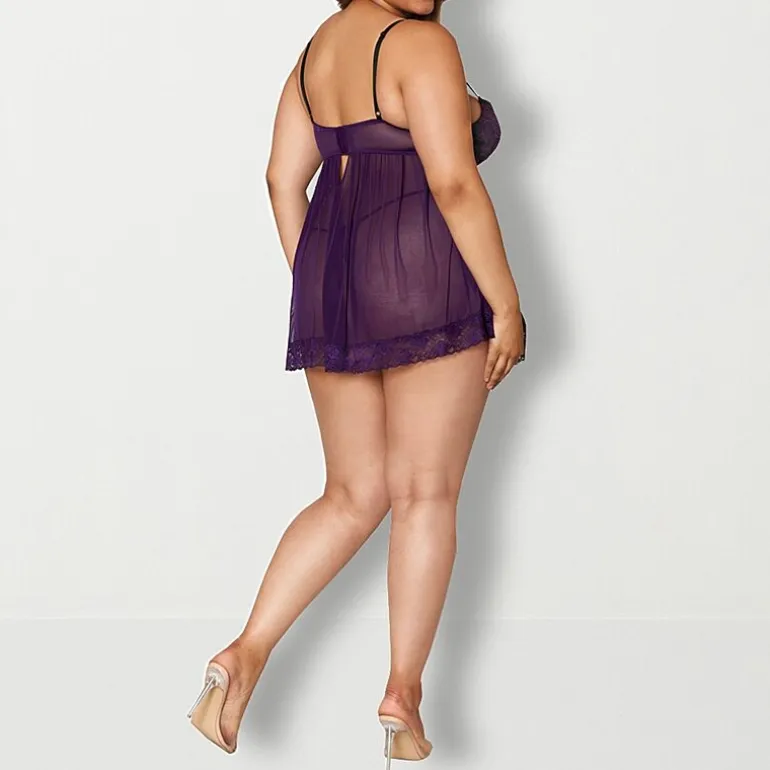 Dreamgirl Plus Stretch Mesh and Lace Babydoll with G-String - 11020X