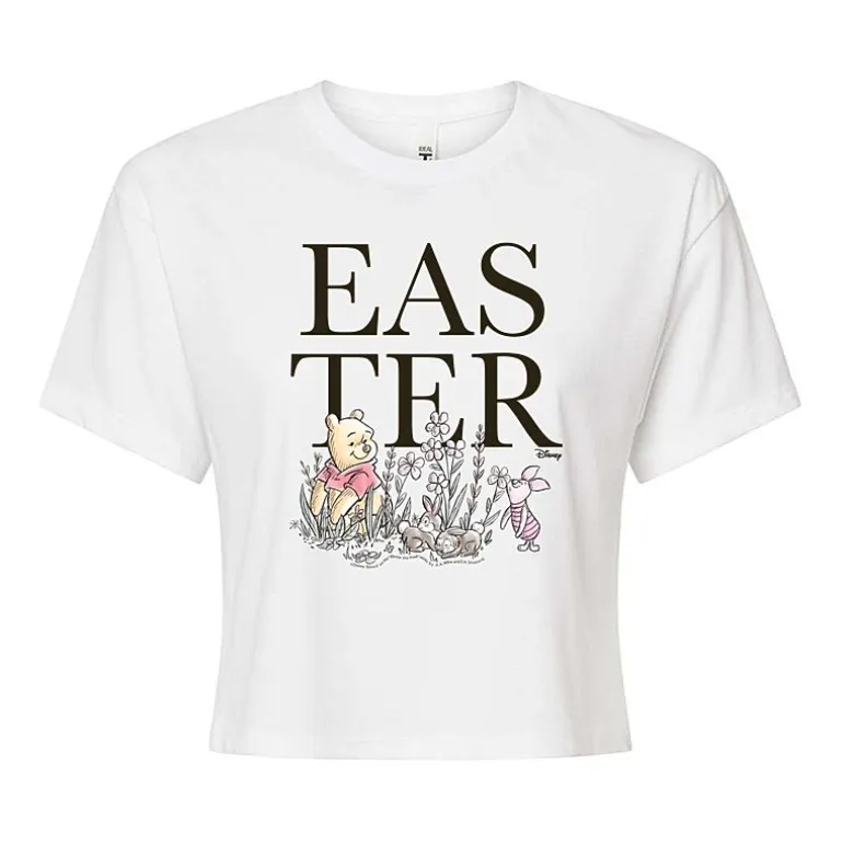 Easter Cropped Tee Womens Juniors Crew Neck Short Sleeve Boxy Fit Winnie The Pooh Graphic T-Shirt