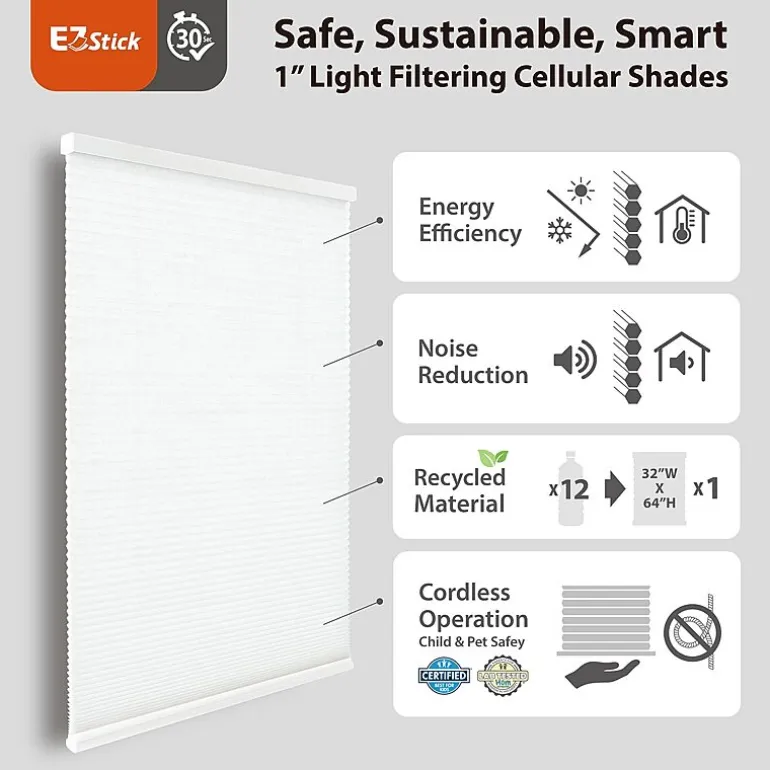 Eco Estates Ez Stick No Tool 1" Cut-To-Width Cordless Light-Filtering Cellular Shade