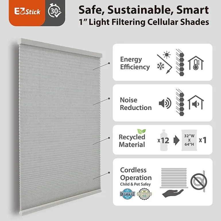 Eco Estates Ez Stick No Tool 1" Cut-To-Width Cordless Light-Filtering Cellular Shade