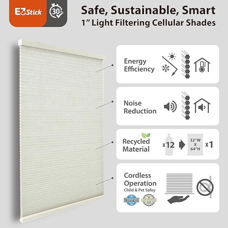 Eco Estates Ez Stick No Tool 1" Cut-To-Width Cordless Light-Filtering Cellular Shade